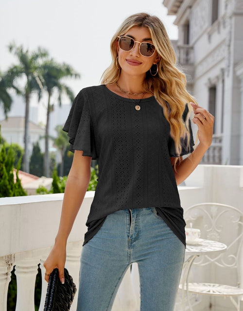 Load image into Gallery viewer, Eyelet Flutter Sleeve Round Neck Top
