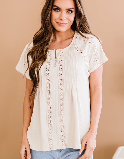 Load image into Gallery viewer, Crochet Eyelet Buttoned Short Sleeves Top
