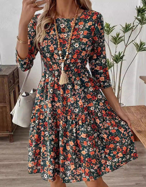 Load image into Gallery viewer, Frill Floral Round Neck Dress
