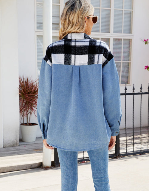 Load image into Gallery viewer, Pocketed Plaid Snap Down Denim Jacket
