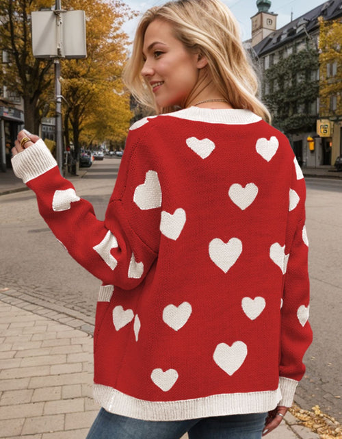 Load image into Gallery viewer, Heart Button Up Dropped Shoulder Long Sleeve Cardigan

