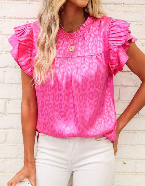 Load image into Gallery viewer, Leopard Frill Mock Neck Ruffled Cap Sleeve Top
