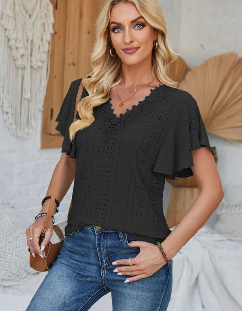 Load image into Gallery viewer, Eyelet Applique V-Neck Cap Sleeve T-Shirt

