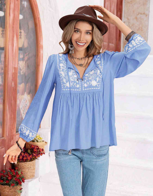 Load image into Gallery viewer, Floral Tie Neck Balloon Sleeve Blouse
