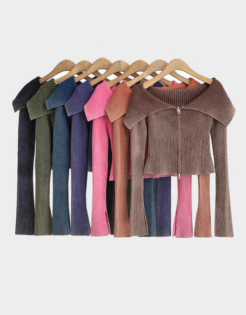 Load image into Gallery viewer, Double Take Ribbed Off-Shoulder Zip Up Long Sleeve Cardigan

