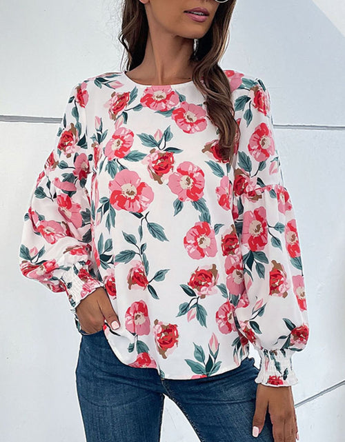 Load image into Gallery viewer, Perfee Floral Long Puff Sleeve Round Neck Blouse
