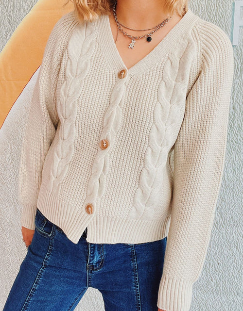 Load image into Gallery viewer, Cable-Knit V-Neck Button Down Long Sleeve Cardigan
