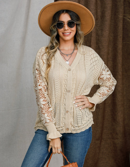 Load image into Gallery viewer, Eyelet Button Up Lantern Sleeve Cardigan
