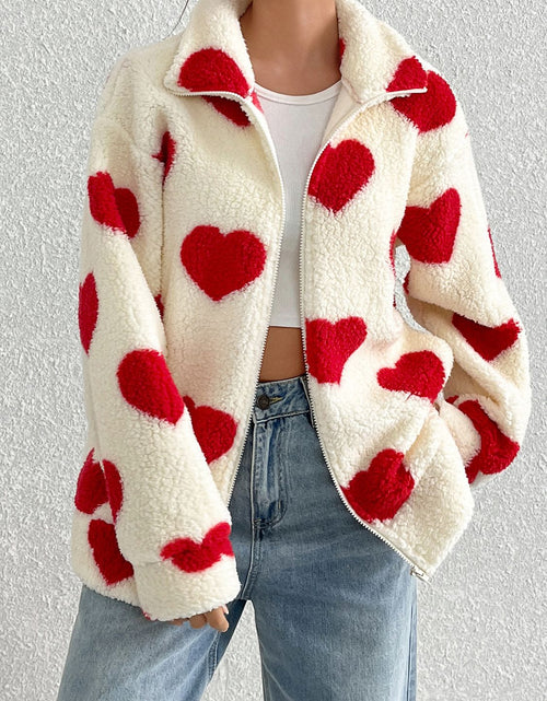 Load image into Gallery viewer, Heart Zip Up Drop Shoulder Furry Jacket
