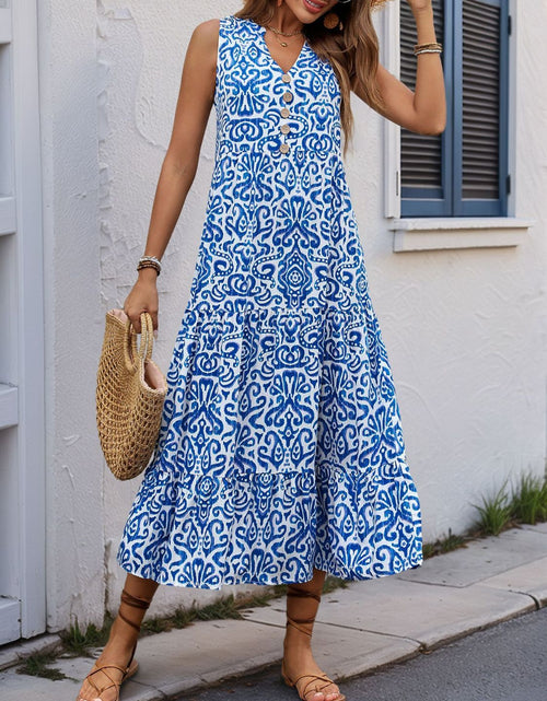Load image into Gallery viewer, Perfee Decorative Button Printed Notched Sleeveless Midi Dress
