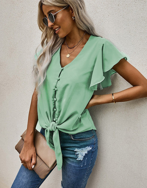 Load image into Gallery viewer, V-Neck Tie Hem Flutter Sleeve Blouse
