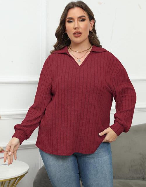 Load image into Gallery viewer, Plus Size Ribbed Collared Neck Long Sleeve Blouse
