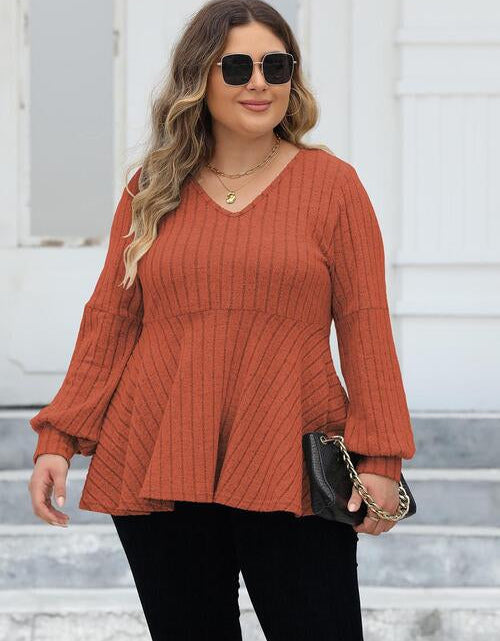 Load image into Gallery viewer, Plus Size Ribbed V-Neck Long Sleeve Blouse
