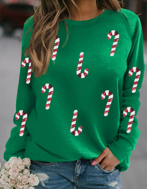 Load image into Gallery viewer, Candy Cane Round Neck Long Sleeve Sweatshirt
