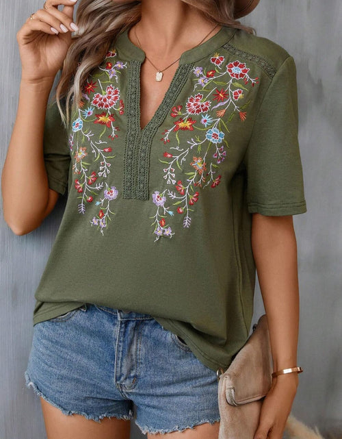 Load image into Gallery viewer, Embroidered Notched Short Sleeve T-Shirt
