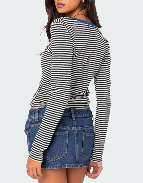 Load image into Gallery viewer, Buttoned Striped Long Sleeve T-Shirt
