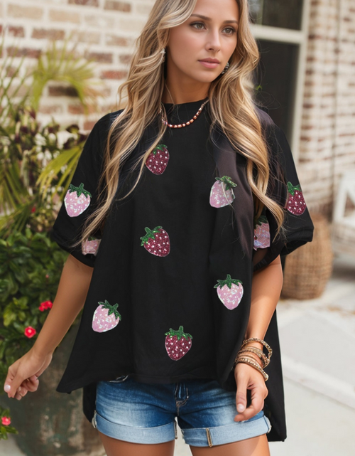 Load image into Gallery viewer, Sequin Strawberry High Low Half Sleeve Relaxed Fit T-Shirt
