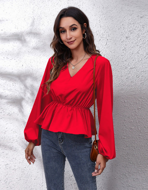 Load image into Gallery viewer, V-Neck Balloon Sleeve Peplum Blouse
