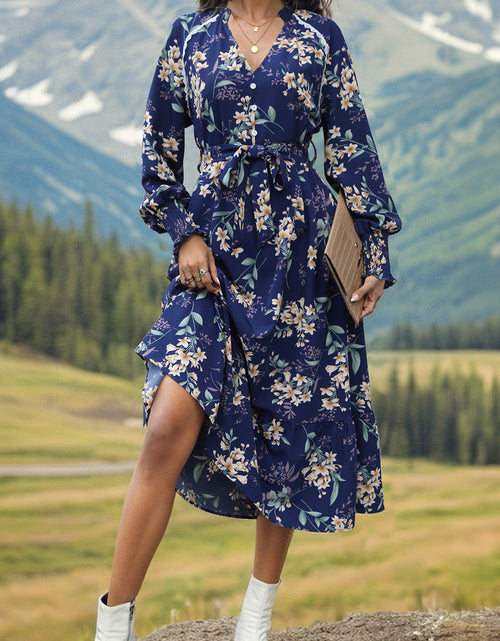 Load image into Gallery viewer, Perfee Printed Notched Lantern Sleeve Midi Dress
