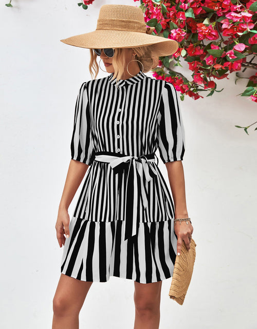 Load image into Gallery viewer, Striped Half Sleeve Tie Waist Mini Dress

