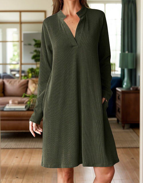 Load image into Gallery viewer, Notched Long Sleeve Mini Dress with Pockets
