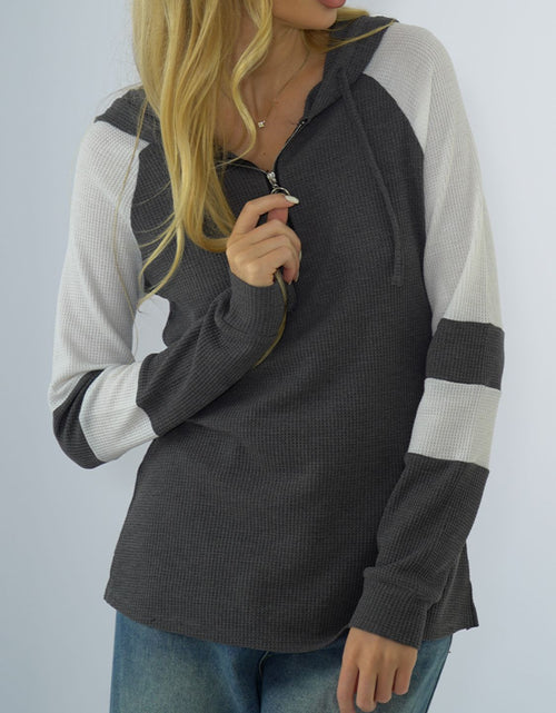 Load image into Gallery viewer, Shiny Waffle-Knit Raglan Sleeve Zipper Front Hoody
