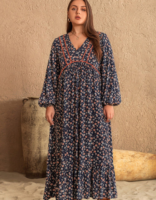 Load image into Gallery viewer, Plus Size Printed V-Neck Balloon Sleeve Dress
