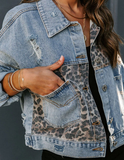 Load image into Gallery viewer, Distressed Leopard Drop Shoulder Denim Jacket
