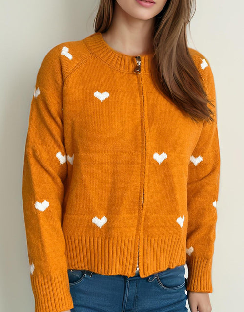 Load image into Gallery viewer, Heart Round Neck Zip Up Cardigan
