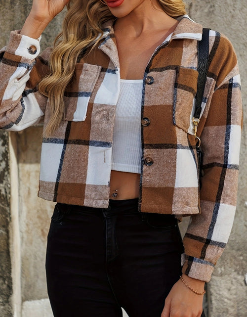 Load image into Gallery viewer, Plaid Collared Neck Cropped Jacket
