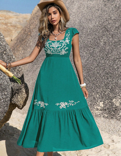 Load image into Gallery viewer, Embroidered Square Neck Cap Sleeve Dress
