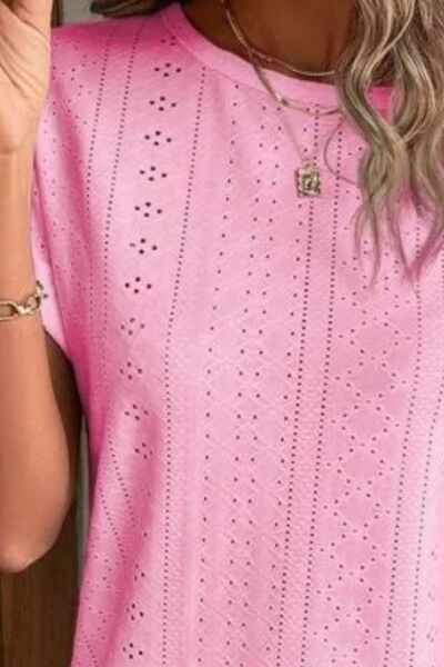 Load image into Gallery viewer, Eyelet Round Neck Short Sleeve T-Shirt
