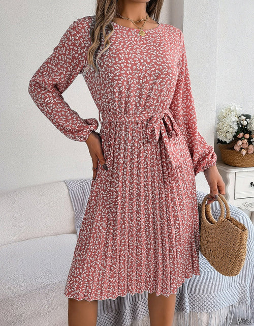 Load image into Gallery viewer, Ditsy Floral Tie Waist Pleated Dress
