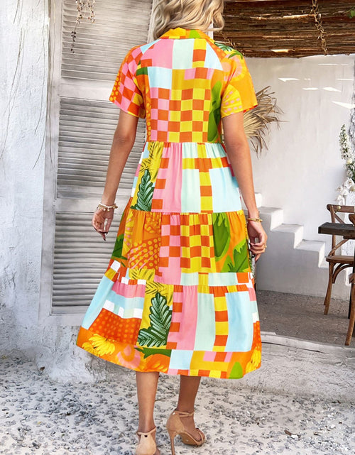 Load image into Gallery viewer, Devine Printed Johnny Collar Button Down Short Sleeve Midi Shirt Dress

