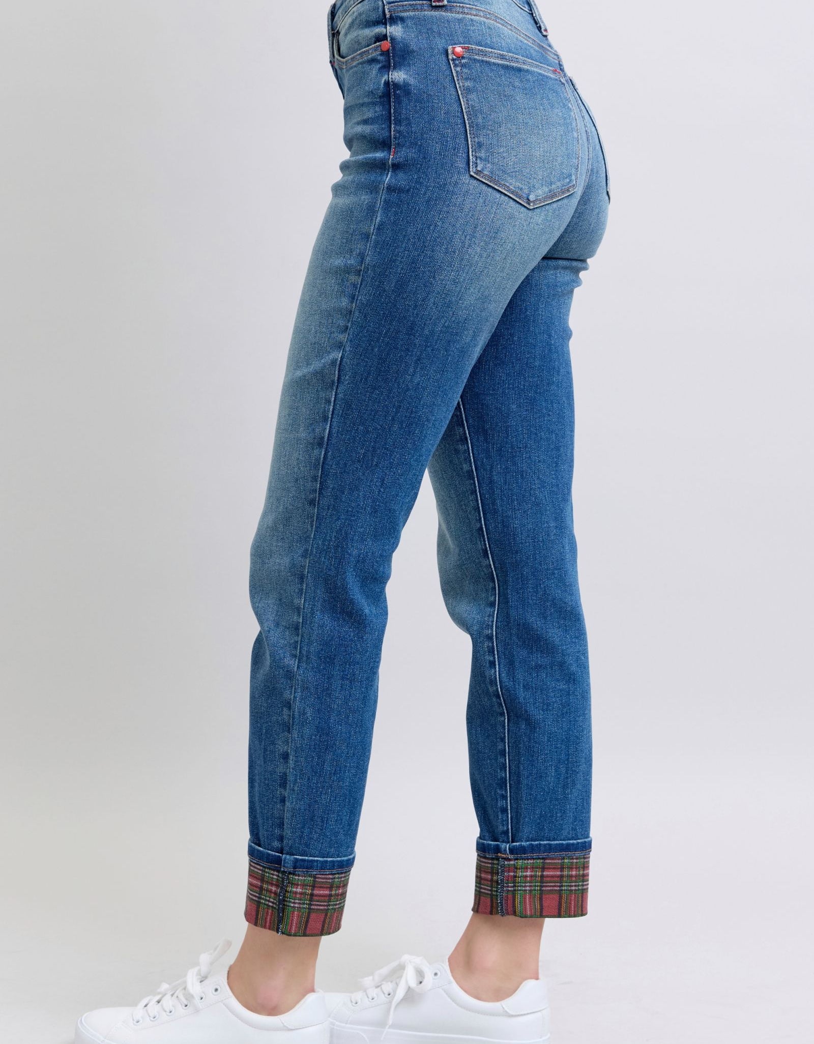 Judy Blue Full Size Plaid Print Cuff Straight Leg Jeans with Pockets