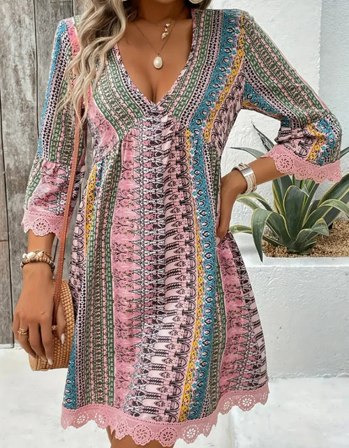 Load image into Gallery viewer, Lace Trim Printed V-Neck 3/4 Sleeve Dress
