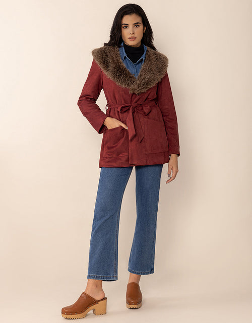 Load image into Gallery viewer, Fuzzy Collared Neck Tie Waist Jacket

