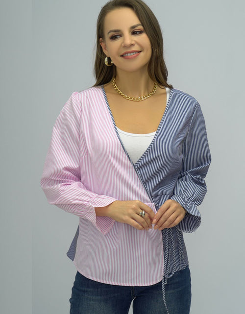Load image into Gallery viewer, Shiny Surplice Neck Striped Long Sleeve Blouse
