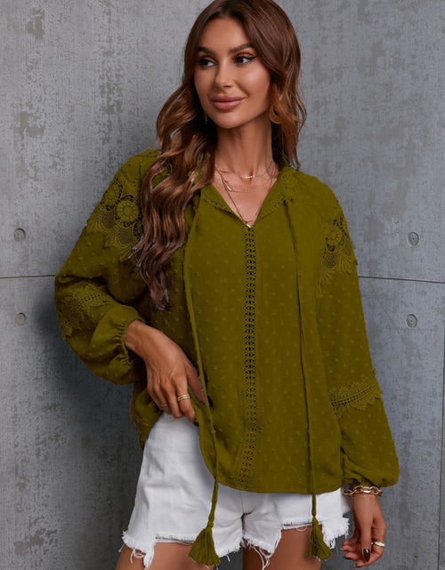 Load image into Gallery viewer, Crochet Tassel Tie Neck Long Sleeve Blouse
