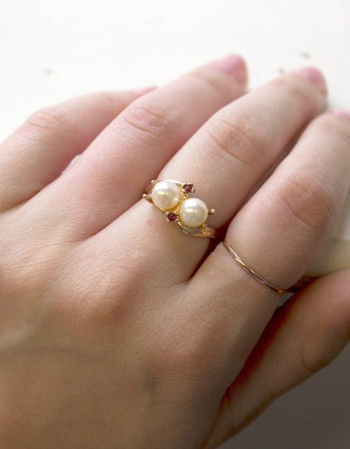 Load image into Gallery viewer, Vintage Pearl Beads with Genuine Ruby Accents 18k Gold Electroplated Ring Made in USA by PVD Vintage Jewelry
