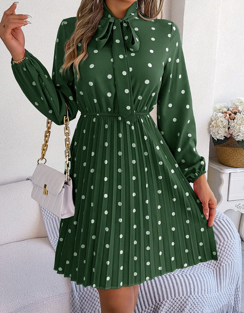 Load image into Gallery viewer, Polka Dot Tie Neck Pleated Dress
