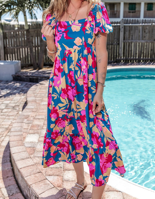Load image into Gallery viewer, Printed Square Neck Short Sleeve Midi Dress
