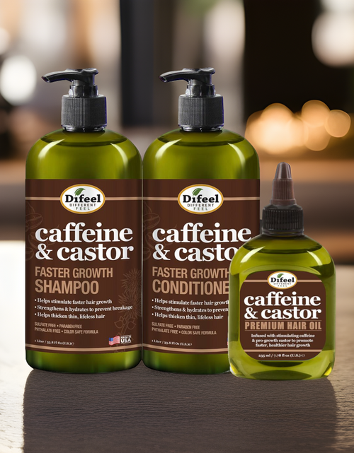 Load image into Gallery viewer, Difeel 3-PC Caffeine &amp; Castor Shampoo, Conditioner &amp; Hair Oil for Faster Hair Growth - with 33.8 oz. Shampoo, 33.8 oz. Conditioner &amp; 7.78 oz. Hair Oil by difeel - find your natural beauty
