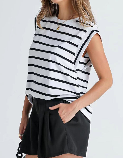 Load image into Gallery viewer, Striped Round Neck Cap Sleeve T-Shirt
