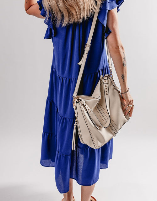 Load image into Gallery viewer, Ruffled Short Sleeve Collared V Neck Tiered Midi Dress
