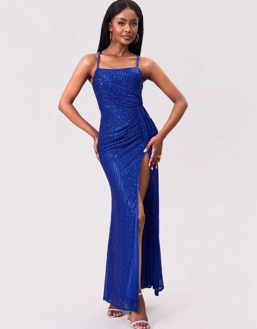 Load image into Gallery viewer, Slit Sequin Square Neck Spaghetti Strap Dress

