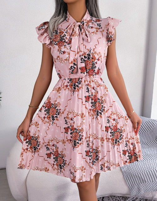 Load image into Gallery viewer, Pleated Floral Printed Tie Neck Knee Length Dress
