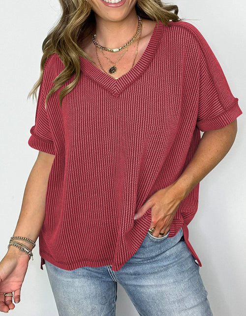 Load image into Gallery viewer, Cord Ribbed V-Neck Short Sleeve T-Shirt

