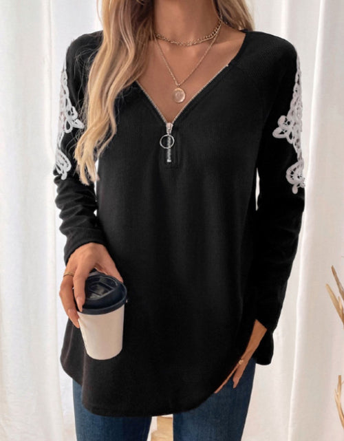 Load image into Gallery viewer, Perfee Lace Detail Quarter Zip Long Sleeve Top

