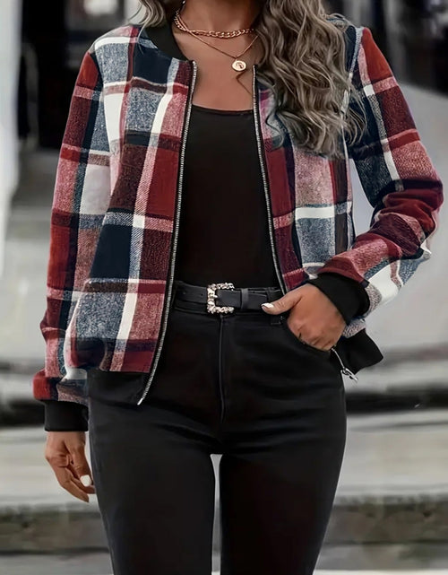 Load image into Gallery viewer, Plus Size Plaid Baseball Collar Zip Up Jacket

